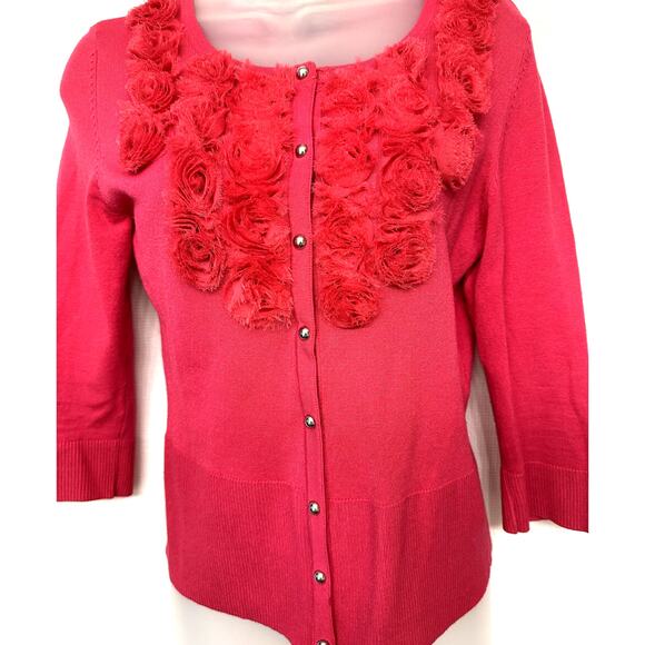 WHBM Sz XS Hot Pink Roses Rosettes Cardigan Sweater w/ Silver, Coquette Romantic - Picture 4 of 8